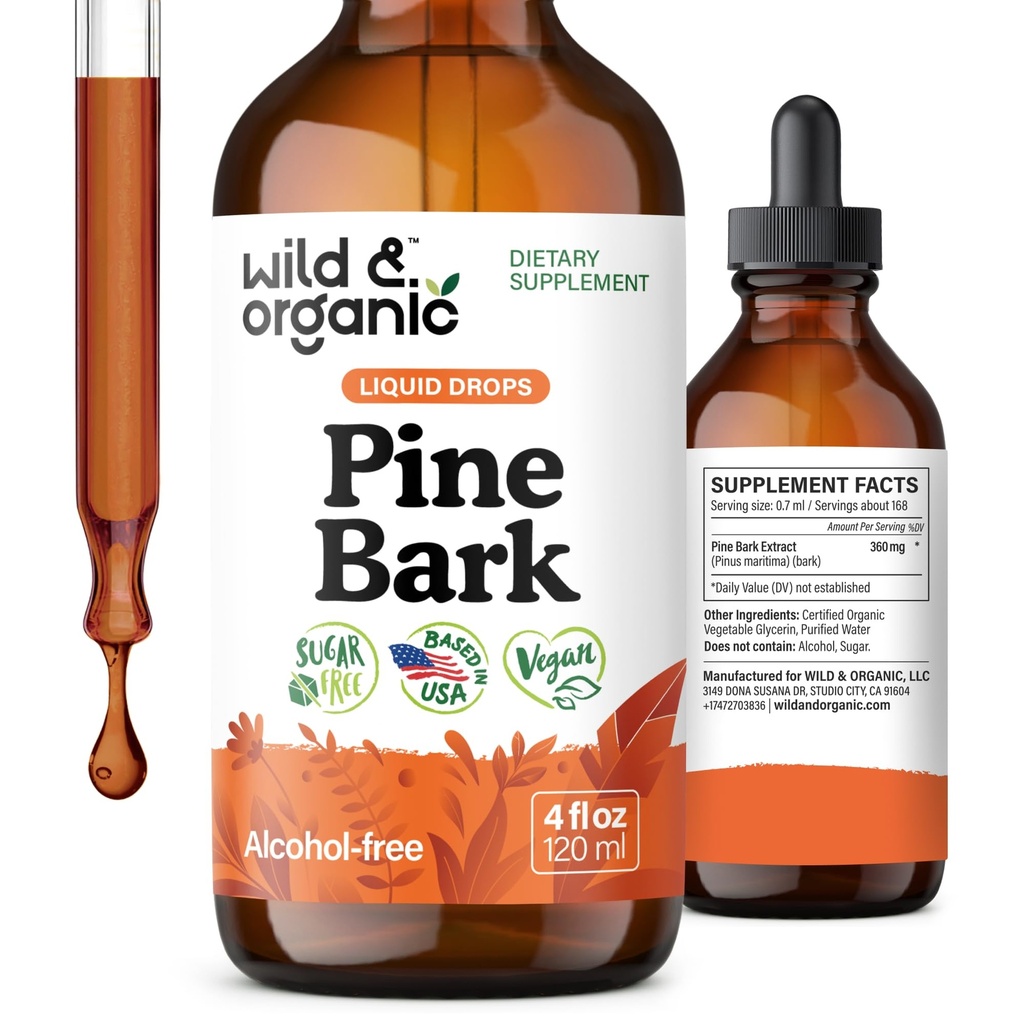Wild & Organic Pine Bark Drops - Antioxidant Support - French Maritime Pine Bark Extract Tincture - 5-Month Supply - Pinus Pinaster Supplement - Vegan, Sugar & Alcohol-Free - 4 fl oz