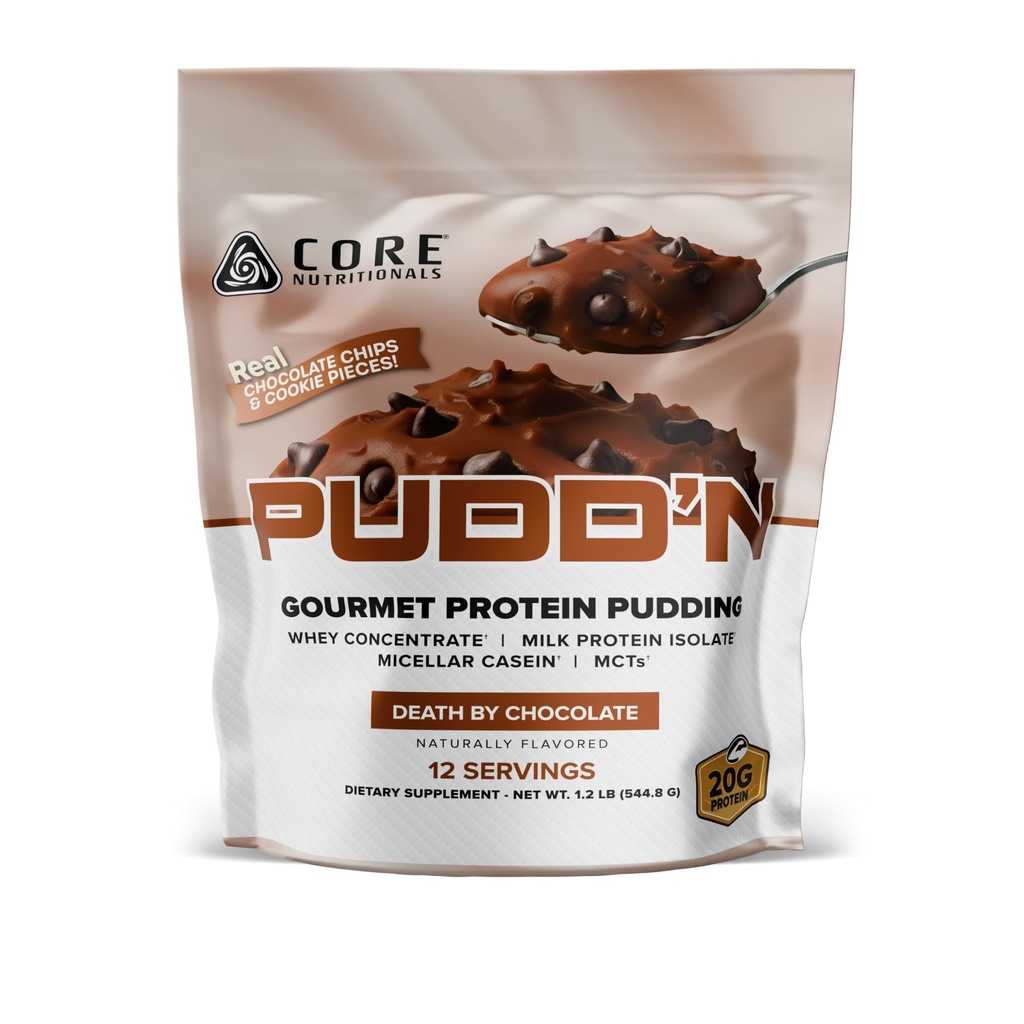 Core Nutritionals Pudd'n Gourmet Protein Pudding Mix | Whey & Casein Blend | MCTs & Digestive Enzymes | 20g Protein |Thick & Creamy Dessert | Real Food Inclusions |12 Servings (Death by Chocolate)
