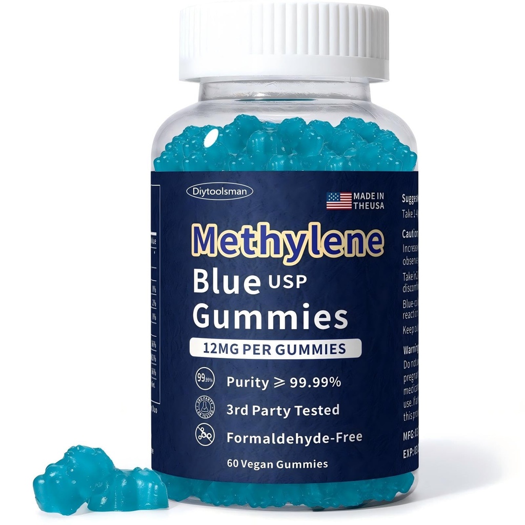 Methylene Blue Gummies Pharmaceutical Grade (12 MG), Support Mental Clarity, Memory, Focus, Cognition & Natural Energy, Made in USA, Formaldehyde Free, 60 Gummies