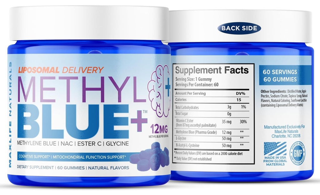 Pure Methylene Blue Pharmaceutical Grade Gummies - 60 Gummies, 12mg Blue-Raspberry Flavor USA Made Liposomal Methylene Blue Chews with Vitamin C Ester, & NAC Glycine for Brain Fuel & Mental Clarity