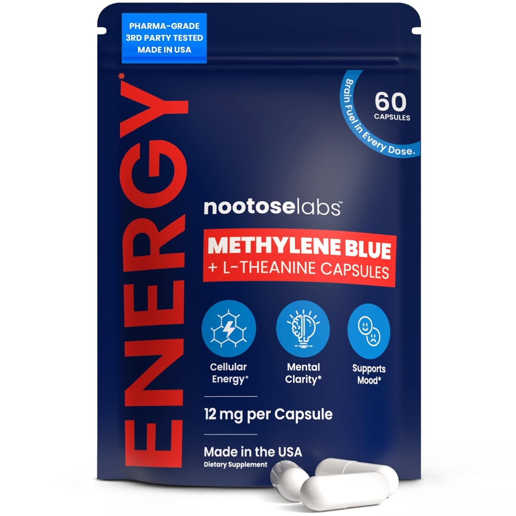 Methylene Blue Capsules – Methylene Blue Pharmaceutical Grade with 200mg L-Theanine – Supplement for Mental Clarity, Focus & Clean Energy | 60 Servings