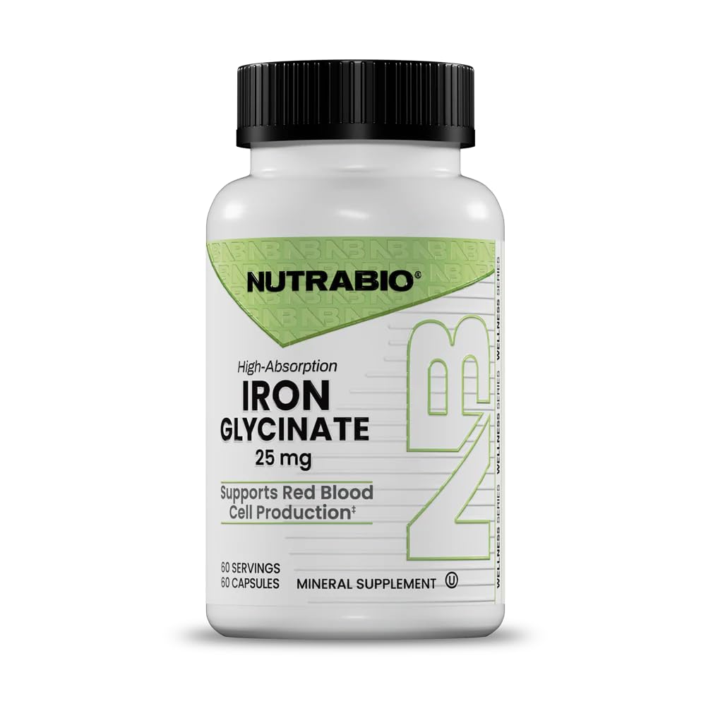 Nutrabio Iron Glycinate 25mg -Gentle Iron Supplement for Women and Men- Ferrous Bisglycinate Chelate- 60 Capsules