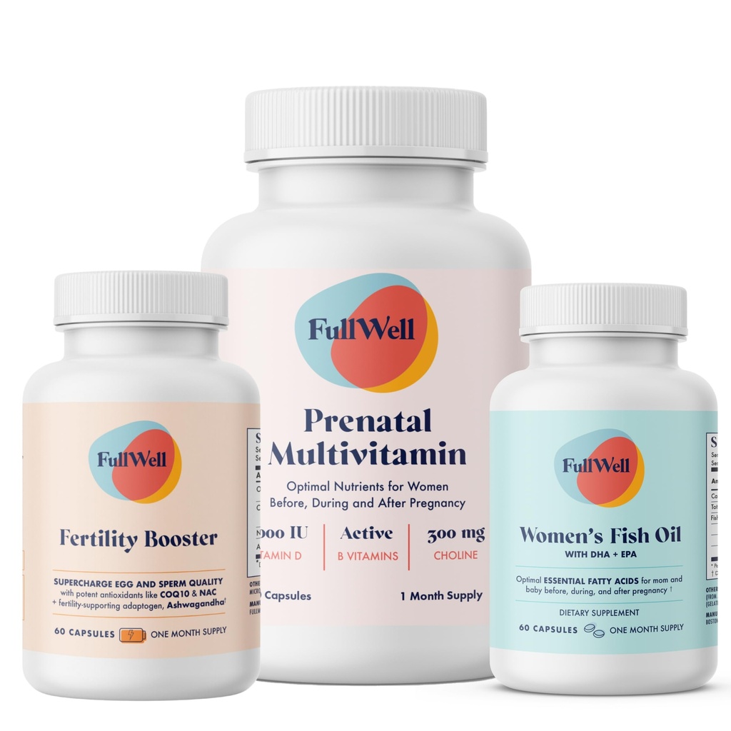FullWell Women's Fertility Trio - Conception Support for Women - Includes Fertility Booster, Prenatal Multivitamin & Fish Oil - Supports Egg Health - CoQ10 & Ashwagandha - 30 Servings