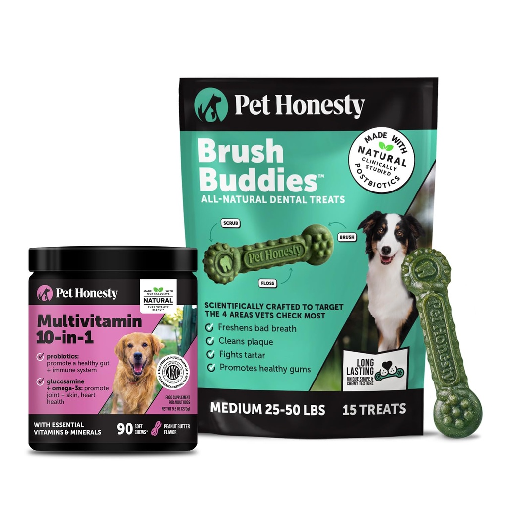 Pet Honesty Dog Wellness Virtual Bundle – 10-in-1 Multivitamin Supplement (Peanut Butter, 90 Ct) + Brush Buddies Dental Sticks for Medium Dogs (15 Ct) – Daily Health & Dental Support