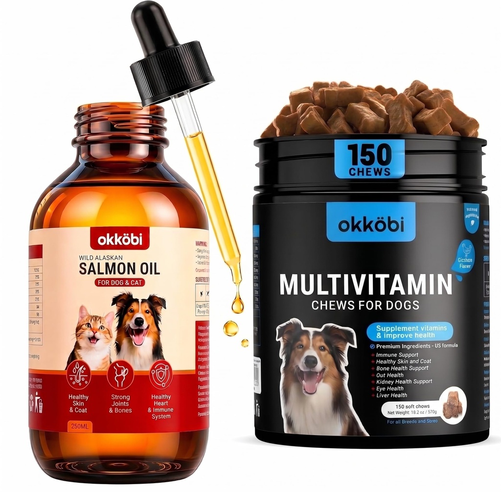 Dog Vitamins and Supplements Multivitamin Chewable 150 pcs with Wild Alaskan Salmon Oil for Dogs & Cats 8.5 oz - Omega 3, Glucosamine & Probiotics for Skin & Joint Support