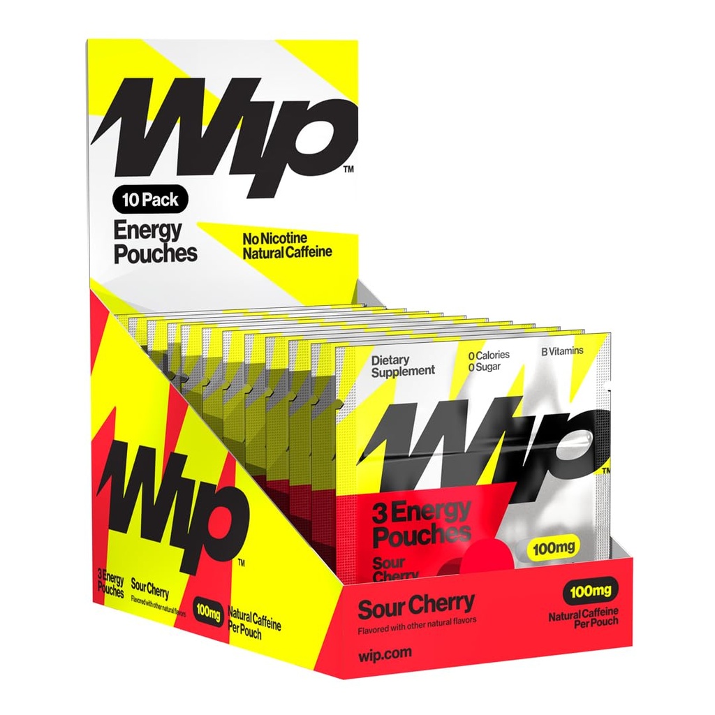 Wip Energy Pouches, Travel Packs, Sugar Free, 100mg Natural Caffeine, B Vitamins, Minerals, L-Theanine, Energy Support, Sour Cherry, 10 Packs 3 Pouches Each