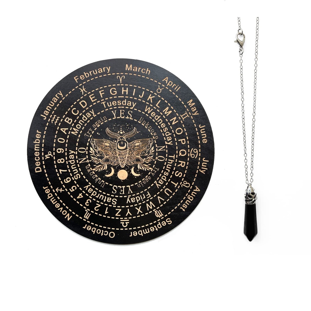 Wooden Pendulum Board for Divination and Dowsing - Crystal Included - Witchcraft Wiccan Altar Supplies Kit - Carved Decoration 9.8inch