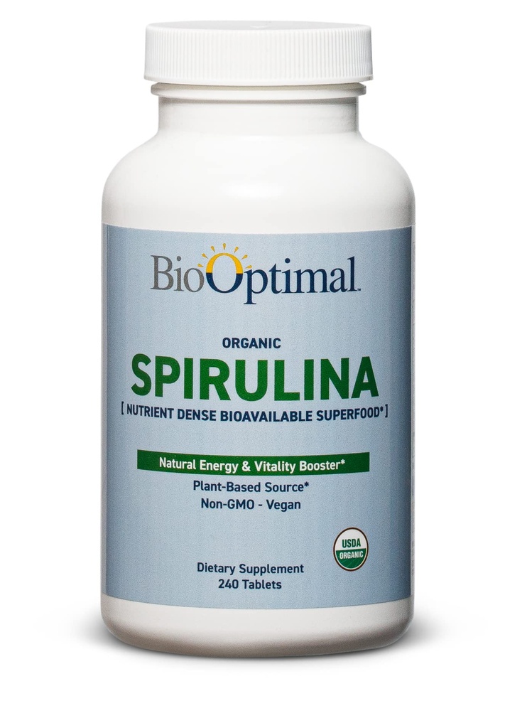 BioOptimal Organic Spirulina Tablets - Organic, Non-GMO, No Additives or Fillers - 500mg Premium Quality Dietary Supplement with Vitamins, Minerals, & Antioxidants (240 Tablets)