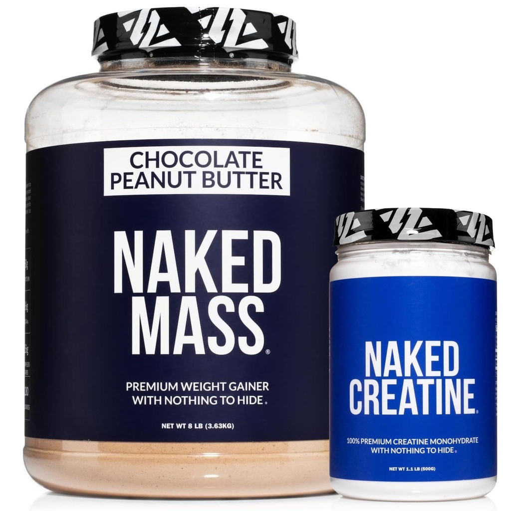 NAKED Chocolate Peanut Butter Mass Protein 8LB (1,280 Calories, 50g Protein) Pure Creatine 500g (100 Servings) – Bulk; Non-GMO; Gluten Free; Soy Free