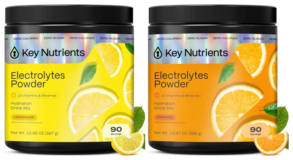 KEY NUTRIENTS Electrolytes Powder Bundle, Refreshing Lemonade 90 Servings Jar + Orange 90 Servings Jar, Sugar Free Hydration Drink Mix with Vitamins & Minerals, No Calories