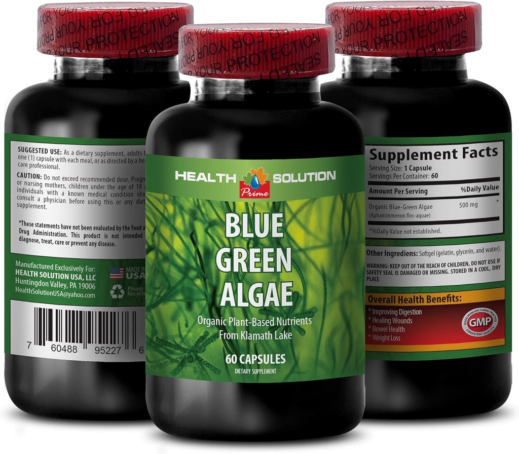 Blue Algae Superfood - Blue Green Algae - Blue Algae Verd Algae per Imunity - Klamath Shores Blue Algae, Digestion suplementari, Imne support suplementari, Blue Algae Powder, 1b 60 Caps