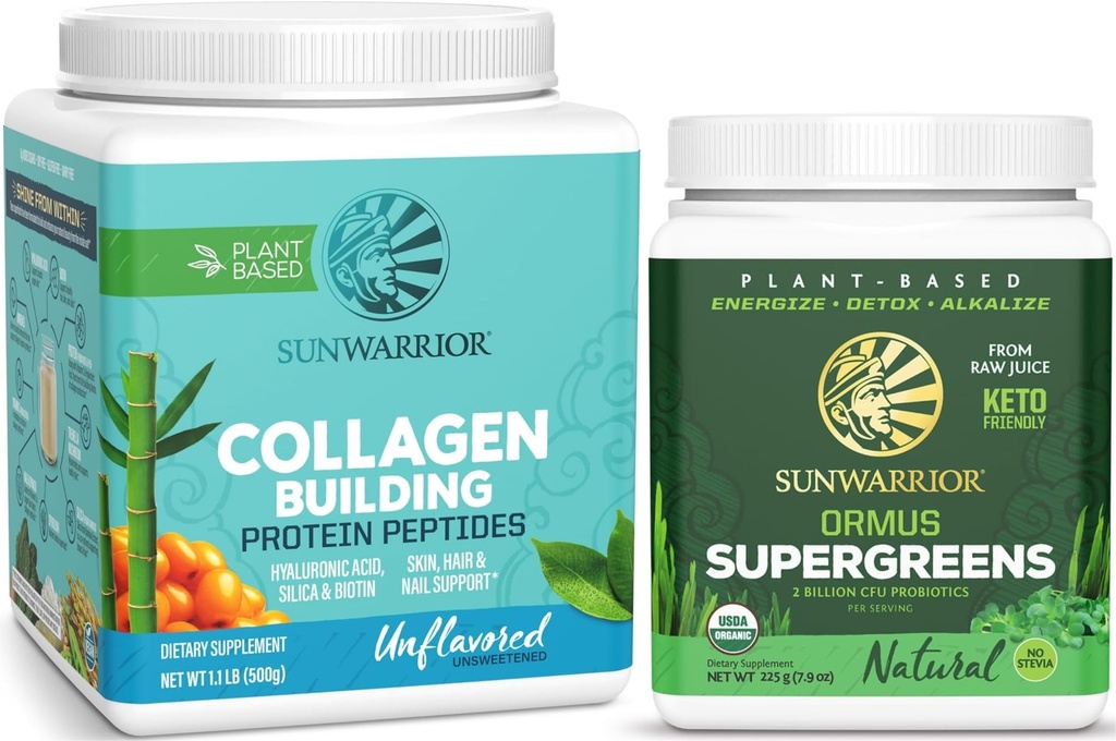 Organic Greens Probiotic Powder & Vegan Collagen Protein Powder Set | Bundle & Save | Non-GMO No Added Sugar Soy or Dairy (20 Servings Vegan Collagen Booster, 45 Servings Greens)