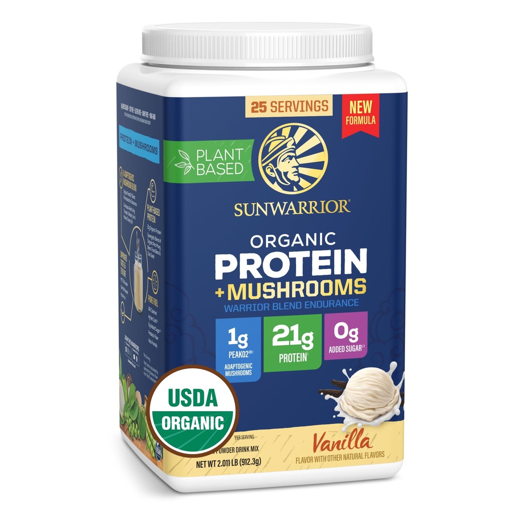 Sunwarrior Organic Protein Powder Warrior Blend + Mushroom Vanilla 912.33g Tub (25 SRV)