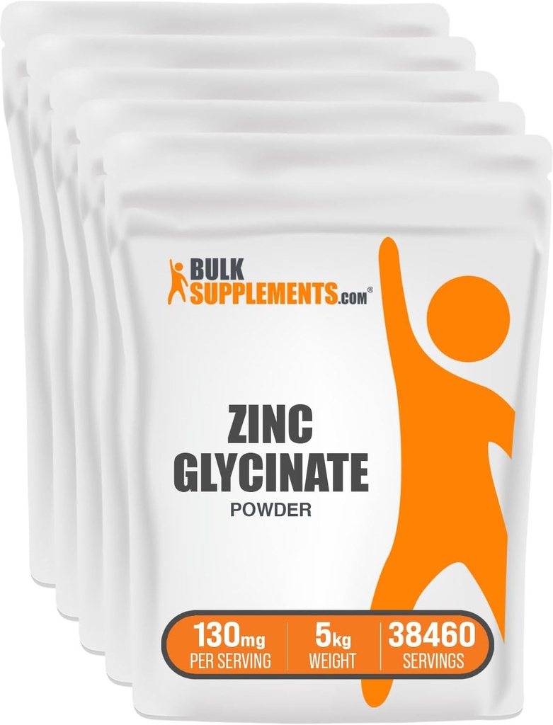 BulkSupplements.com Cink Glycinate Powder - Cinkov dodatek, Mineral Supplement for Immune Support - Gluten Free, 130mg na Serving, 5kg (11 funtov) (Pack of 5)
