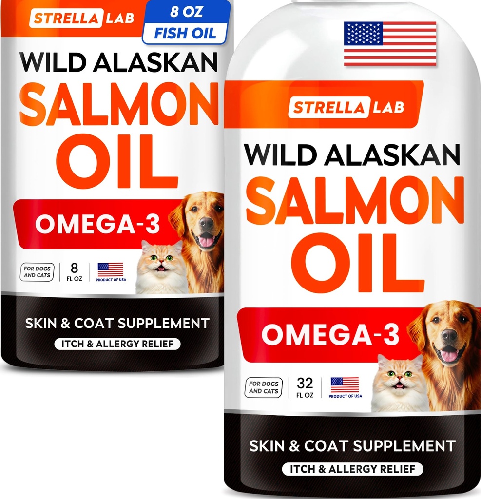 StrellaLab Wild Alaskan Salmon Oil Bundle – Omega 3 for Skin, Coat, Itch & Allergy Relief + Hip, Joint, Immune & Heart Support – EPA & DHA Fatty Acids – 40 Fl Oz Liquid Total – Made in USA