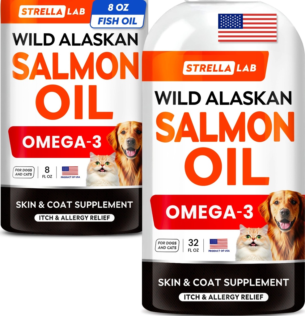 STRELLALAB Salmon Oil for Dogs Bundle – Natural Omega 3 for Skin, Coat&Itch Relief + Joint, Heart&Immune Support – EPA+DHA Fatty Acids – Wild Alaskan Fish Oil Liquid – 40 Fl Oz Total