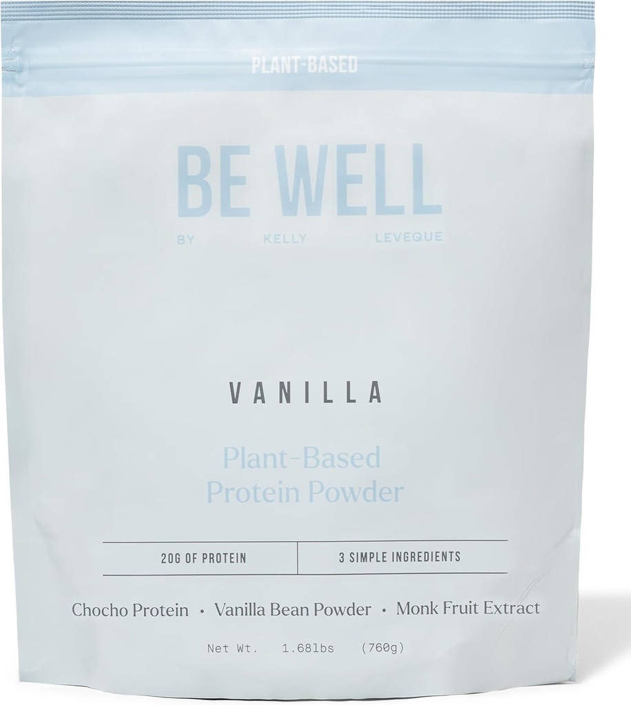 Be Well by Kelly Vanilla Plant-Based Protein Powder, Vegan 20G Protein 8G Fiber 0 Net Carb (3 Ingredients, 20 Servings) 9 Aminohapot +3 BCAAs No Soy, Ei Dairy, Stevia-free, Ei sokeria lisätty 1,68lb 760g