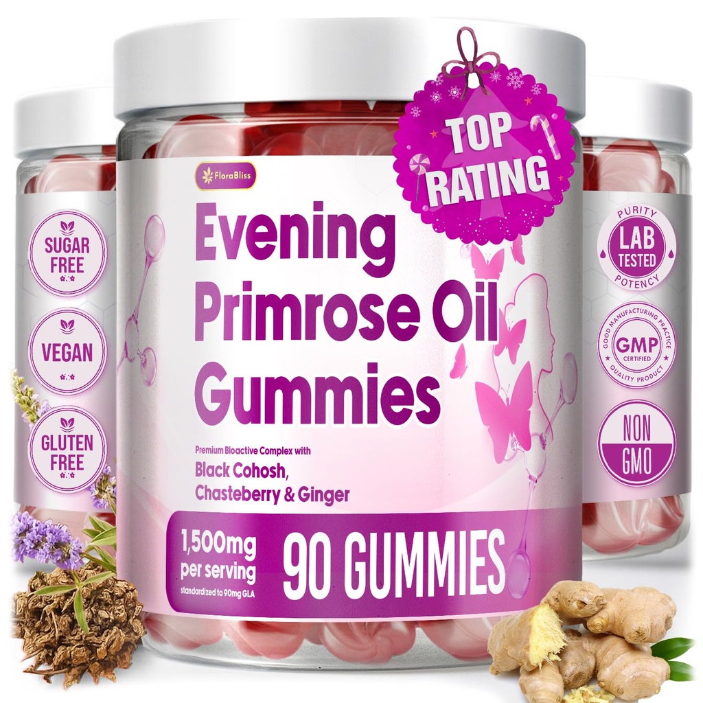 90 Evening Primrose Oil Gummies w/ Black Cohosh, Chasteberry, Ginger | 90 count, 45 Day-supply, 1500mg. Vegan, Non-GMO, Sugar-Free