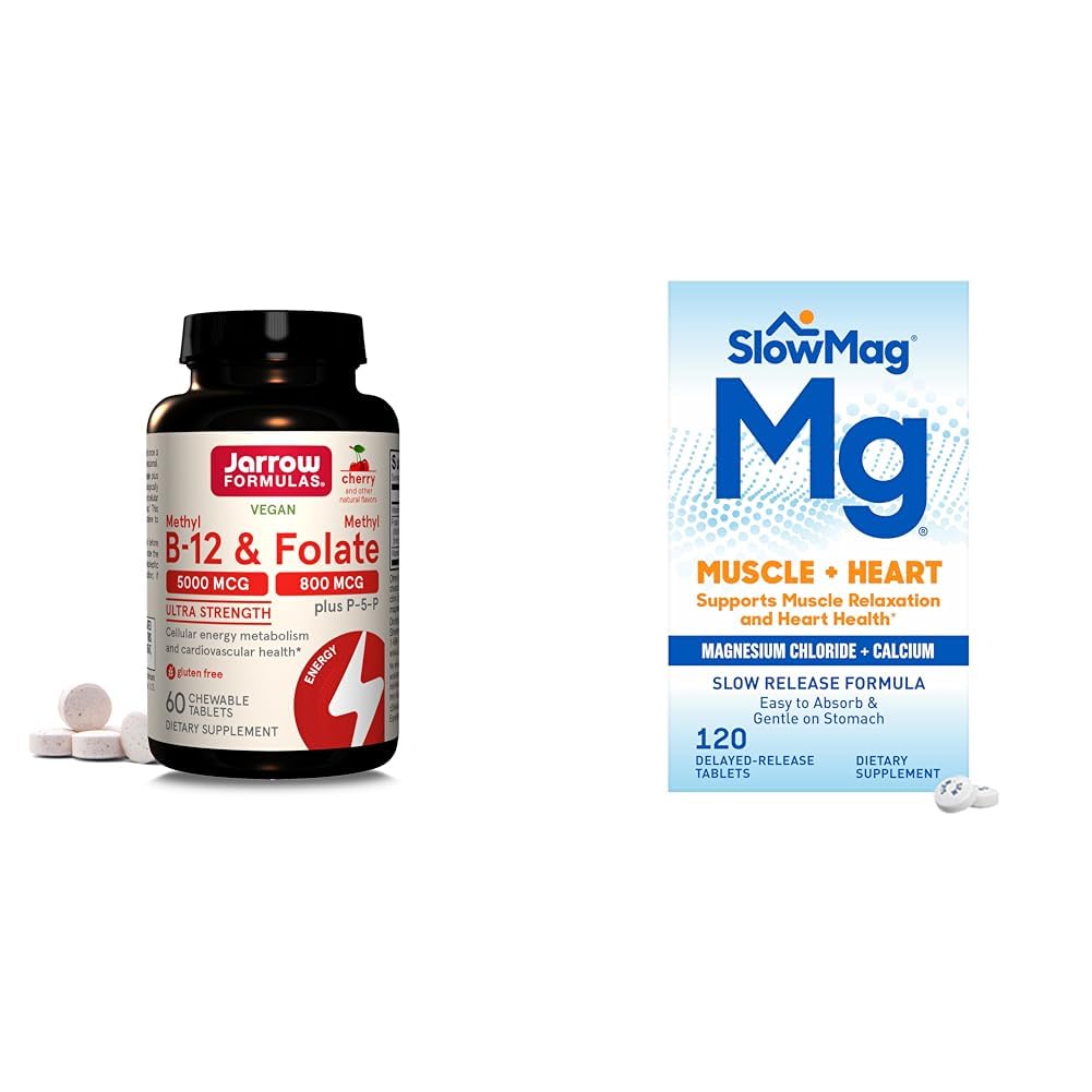 Jarrow Formulas Ultra Strength Methyl B-12 5000 mcg & Methyl Folate 800 mcg + P-5-P & SlowMag Muscle + Heart Magnesium Chloride with Calcium Supplement to Support Muscle Relaxation