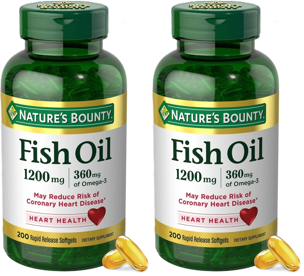 Nature's Bounty Fish Oil Omega 3 Supplements - Supports Heart Health, 1200 Mg Fish Oil, Omega-3, 200 Softgels (Pack of 2)