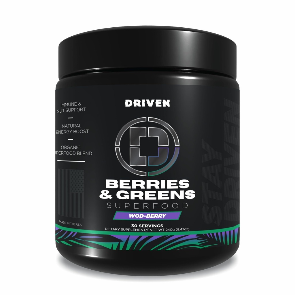 Driven B&G Berries & Greens Superfood Powder, 30 Servings - Organic Plant-Based Formula with Probiotics & Digestive Enzymes -Supports Recovery, Healthy Digestion, and Immune Function
