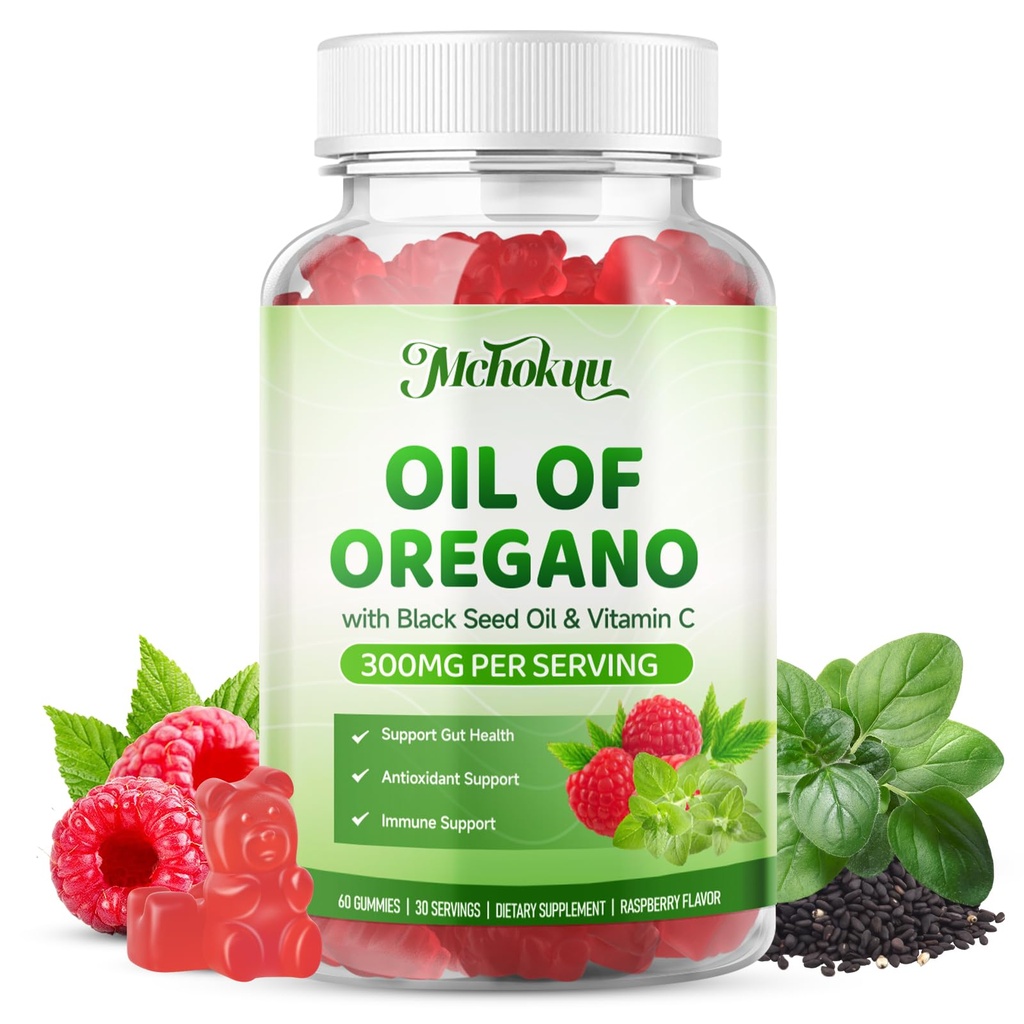 Oil of Oregano with Black Seed Oil, 2-in-1 Black Seed Oil Supplement for Women & Men Support Antioxidant Health, Sugar Free & Vegan Raspberry Herbal Gummies, 60 Count