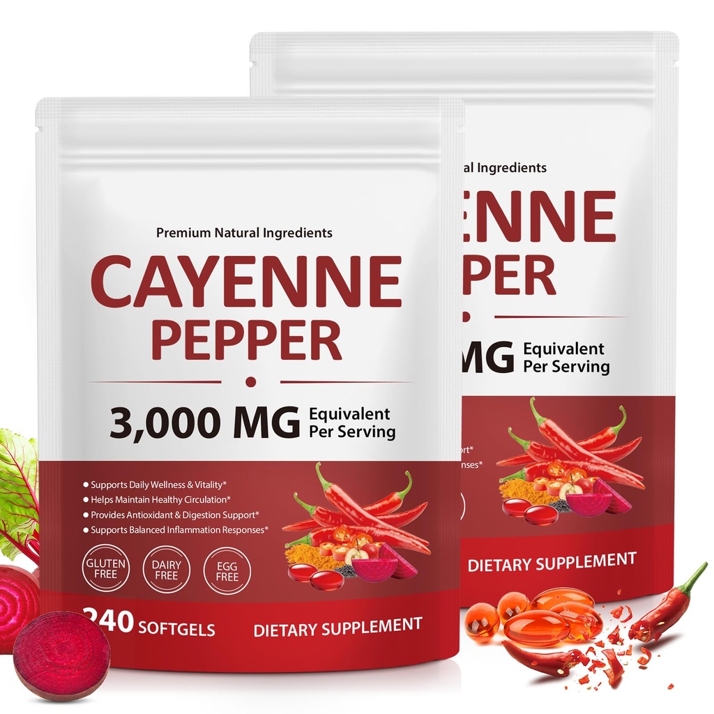 Cayenne Pepper Softgels with Beetroot Extract, Turmeric Curcumin & Hawthorn – Enhanced with Vitamins D3, K2 & E – Supports Heart Health, Circulation & Leg Vein Wellness – 240 Easy-to-Take Capsules