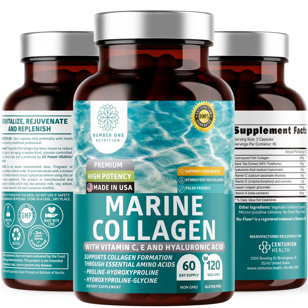 Hydrolyzed Marine Collagen with Hyaluronic Acid, Vitamin C, Theaflavin and Copper, Collagen Supplement for Women and Men for Radiant Skin, Hair & Nails, Gluten Free and Non-GMO, 120 Veg Caps