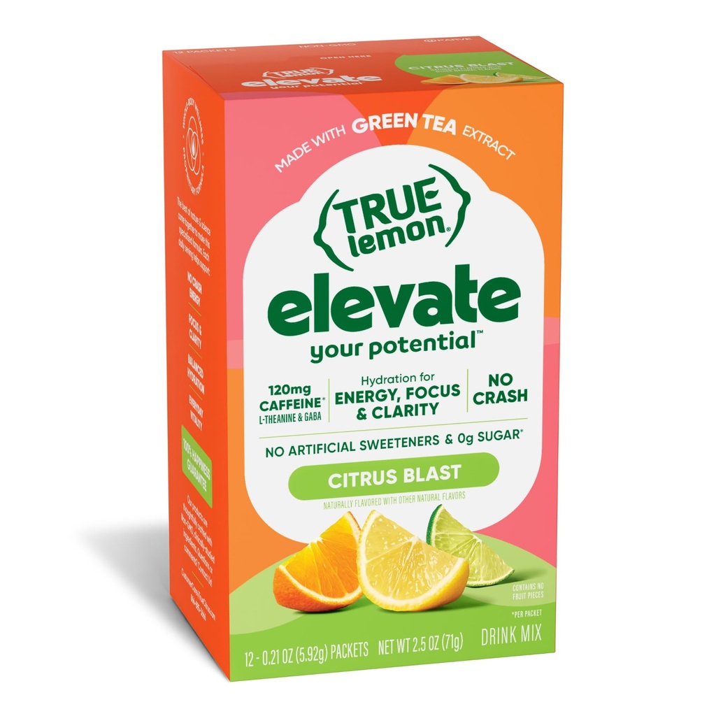 True Lemon Elevate Citrus Blast Energy Drink Powder - Vitamin C Electrolytes Powder Packets with 120 mg Green Tea Caffeine, GABA, L-Theanine - Sugar Free Hydration Packets, Focus Supplement, 12 Count