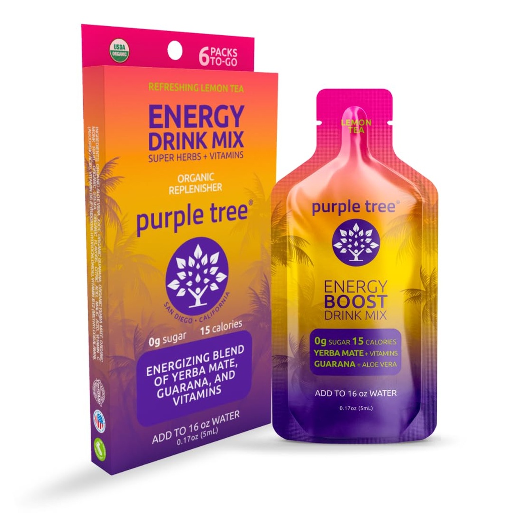 purple tree Organic Energy Stick Packets – Zero Sugar, 80mg Natural Caffeine from Yerba Mate & Guarana, with B12 Vitamins for Smooth, Crash-Free Energy – Lemon Iced Tea Flavor, 6 to-Go Packs