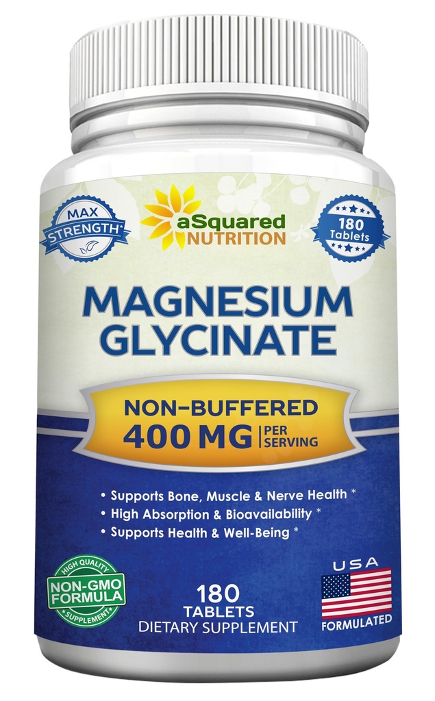 aSquared Nutrition Magnesium Glycinate 400mg - 180 Tablets - Max Strength Magnesium Bisglycinate Supplement -Maximum Bioavailability & Absorption-Non-GMO -Not Buffered-Supports Muscles, Bones & Heart