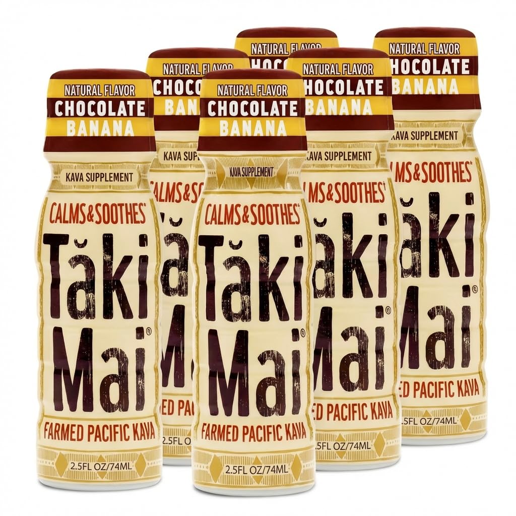 Taki Mai Chocolate Banana Kava Kava 2.5 oz (6-pack) Shots – Noble Kava Root Drink, Ready to Drink for Stress Support & Relaxation, Fast Acting Herbal Support for Calming Better Sleep and Balanced Mood