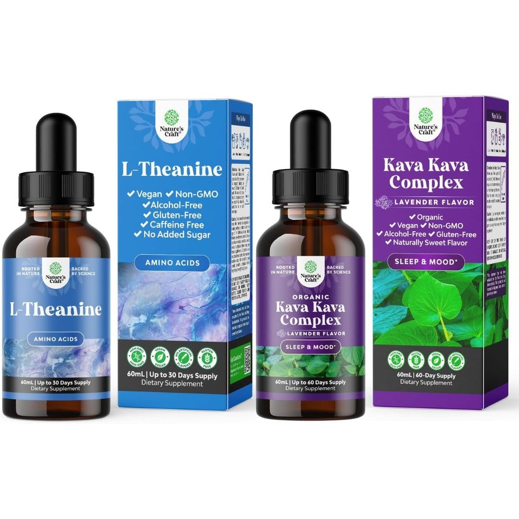 Bundle of High Absorption L-Theanine Liquid Drops with L Theanine 200mg Per Serving & Chamomile Extract and Liquid Kava Kava Drops - Fast Acting Herbal Support with Kavalactones for Balanced Mood