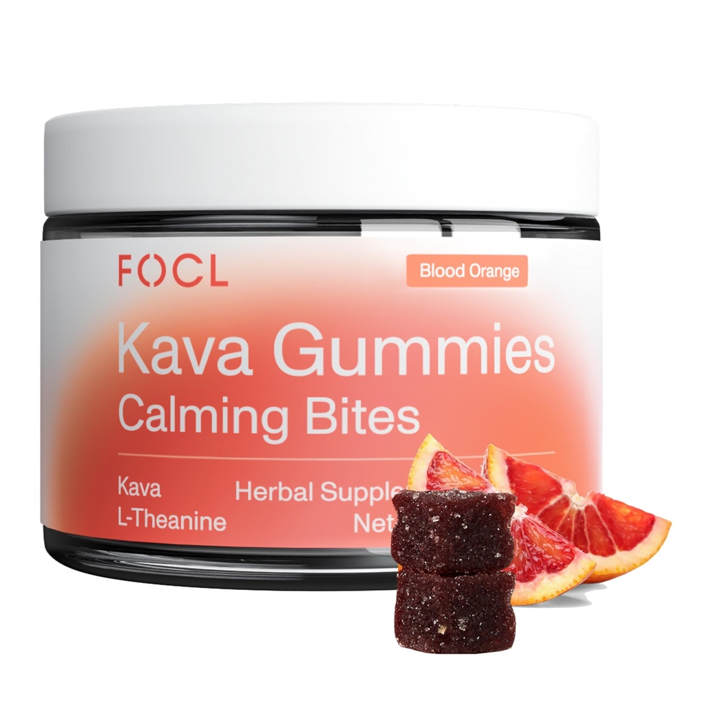 FOCL Kava Gummies Calming Bites - Calm and Relaxation Chewables with Kava Extract and L-Theanine - Plant-Based, Low-Calorie, Non-GMO Stress Gummies for Adults - Blood Orange, 30 Count