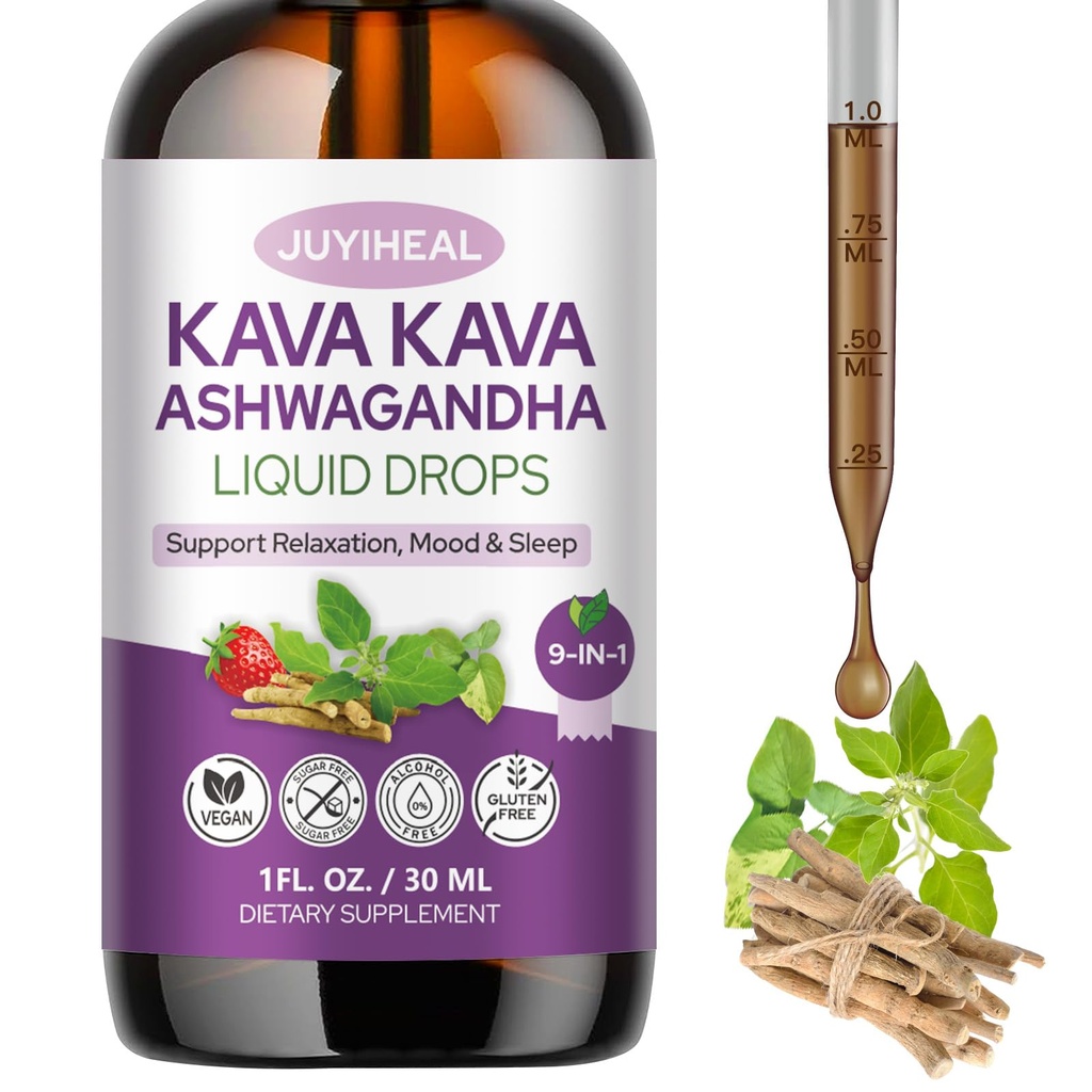 9-in-1 Kava Kava Liquid Drops, 2Pack Kava Root Liquid Extract Supplement with Ashwagandha, Lemon Balm, Valerian Root, Magnesium for Relaxation, Cognitive Support, Sugar Free, Vegan, 1 Fl Oz