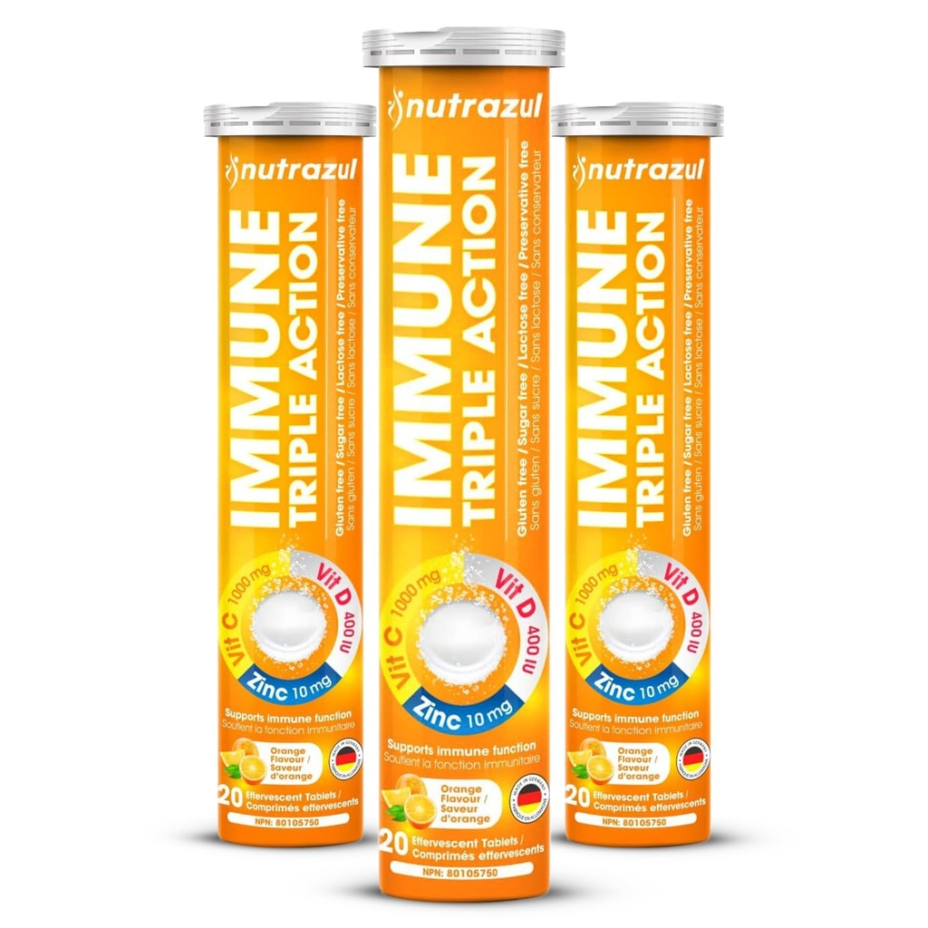 nutrazul Immune Triple Action Effervescent Tablets with Vitamin C 1000mg, Vitamin D, Zinc, Support Daily Routine, Gluten-Free, Sugar-Free, Lactose-Free, Orange Flavor, 20 Tablets, (Pack of 3)