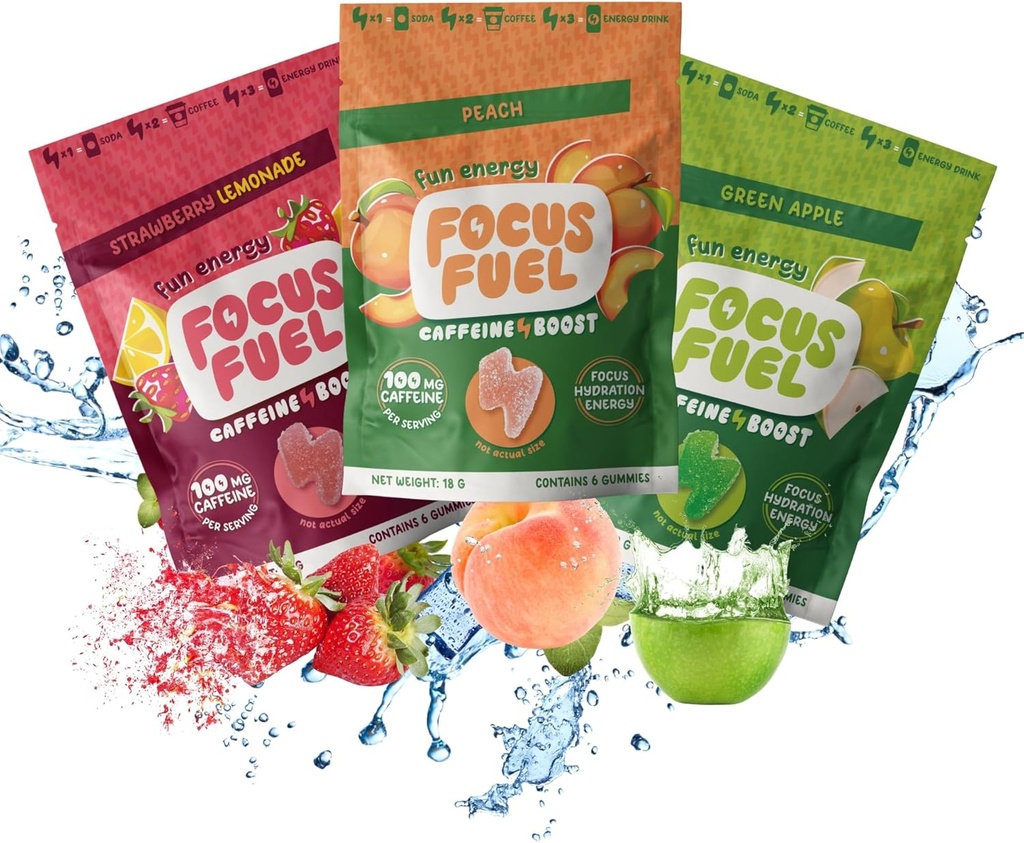 FocusFuel Energy Chews – Trial Izmērs Šķirņu parauga paka (9 Servē) – 100mg Kofeīns + Alpha GPC + L-Teanīns + B12, Magnijs – Persiks, Zaļais ābols, zemeņu citronāde Flavors – Nav avāriju vai džitri