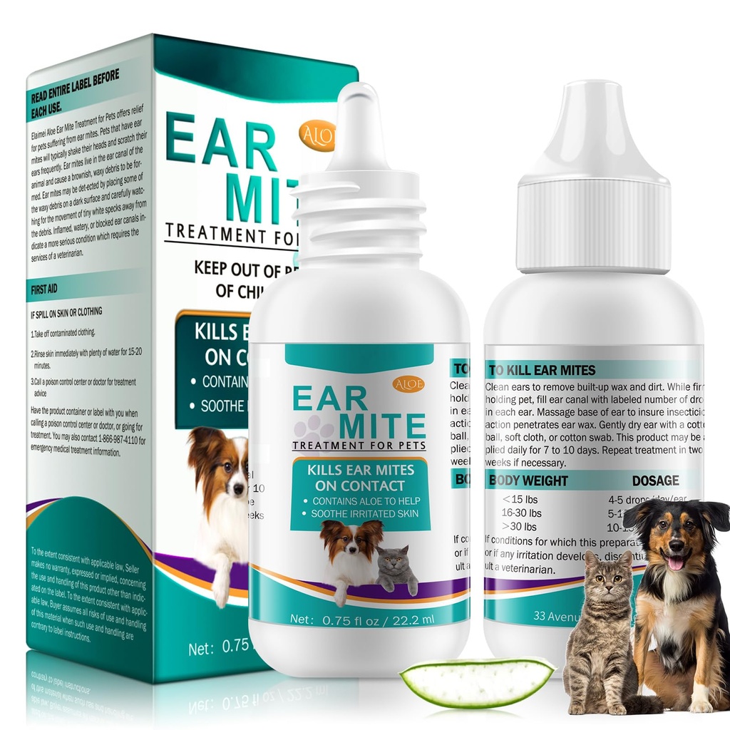 Ear Mite Treatment for Dogs and Cats, Cat Ear Cleaner with Aloe Vera, Cleaner on Contact & Soothes Itching, Vet-Recommended Formula for Pets Ear Cleaning, Fast-Acting