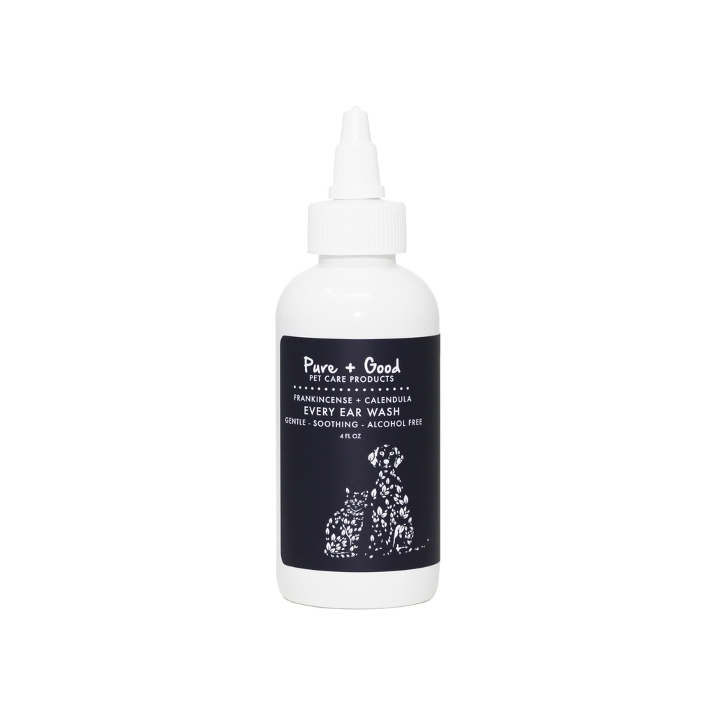 Every Ear Wash for Dogs and Cats - for removal of bacteria, wax, and dirt build up. Pain relieving formula - non stinging, itch relieving, soothing, odor controlling. Frankincense + Calendula -4 oz