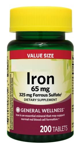 Iron Tablets Dietary Supplement Value Size, 65 mg, 200 Count + SEDLAV Sticker