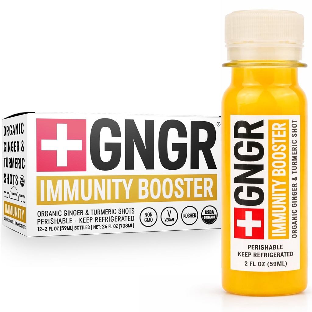 +GNGR Immunity Booster Organic Ginger and Turmeric Shot - Cold Pressed Ginger Shots with Turmeric, Cayenne Pepper, Orange, Lemon for All Natural Immune & Digestive Support 2 fl oz (12 Pack)