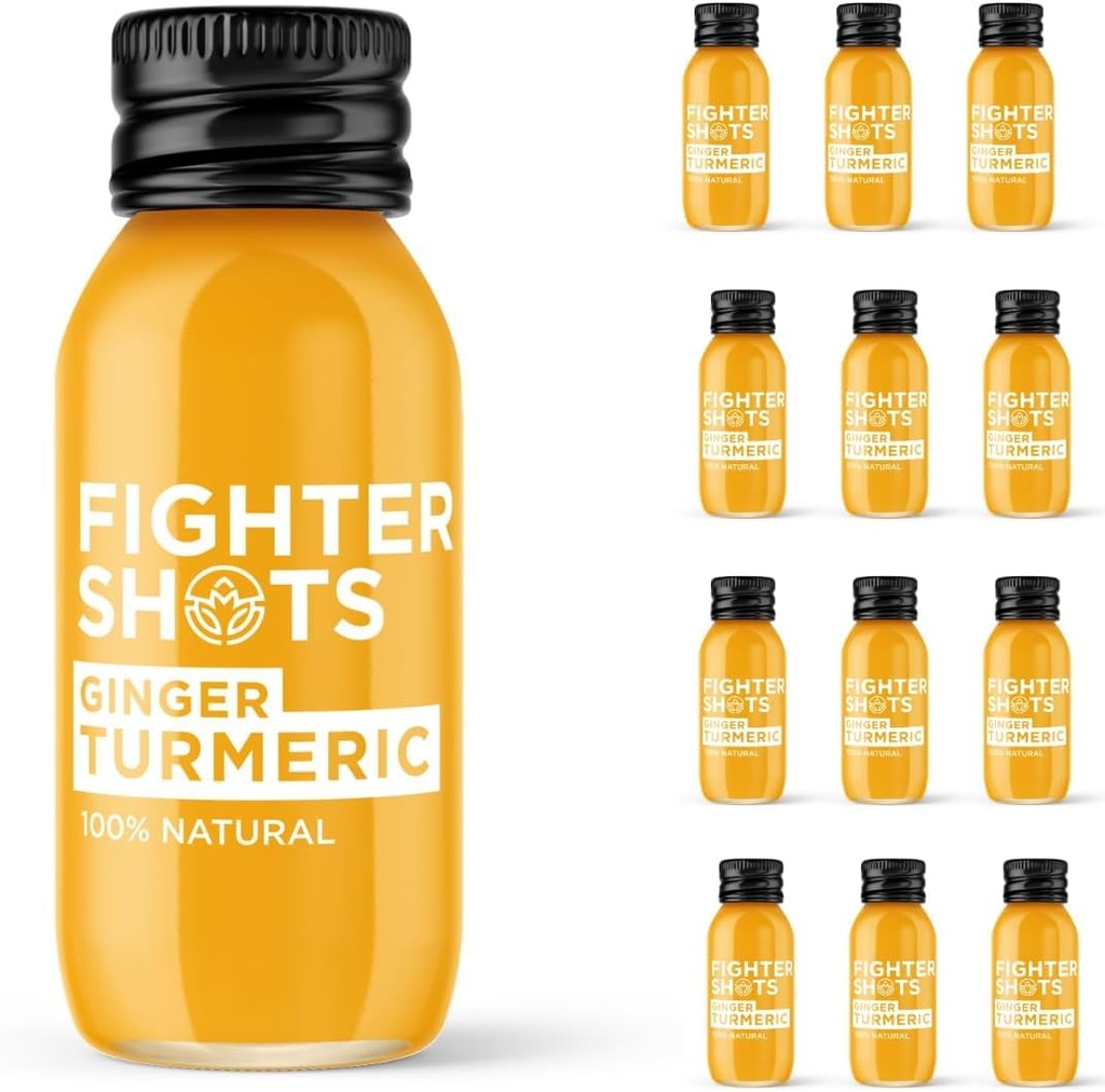 Fighter Shots Fresh and Fiery Ginger + Turmeric - Reduces Bloating, Boosts Immunity - 100% Natural with No Preservatives - Perfect Morning/Post Workout Pick Me Up 12 Pack