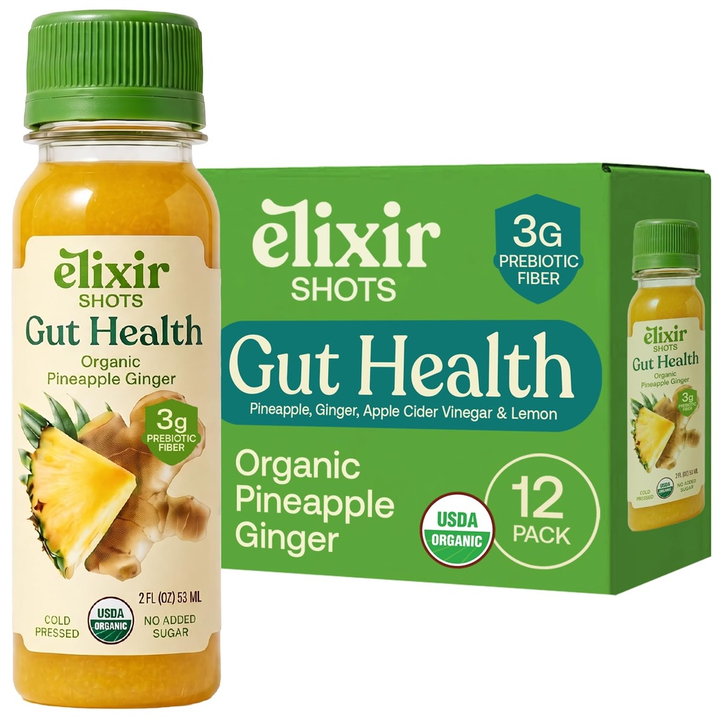 Elixir Shots Cold Pressed Shots with Peruvian Ginger, Lemon, Pineapple, Apple Cider Vinegar and Chicory Root Fiber, Gut Health 2 oz bottles, (12 Pack)