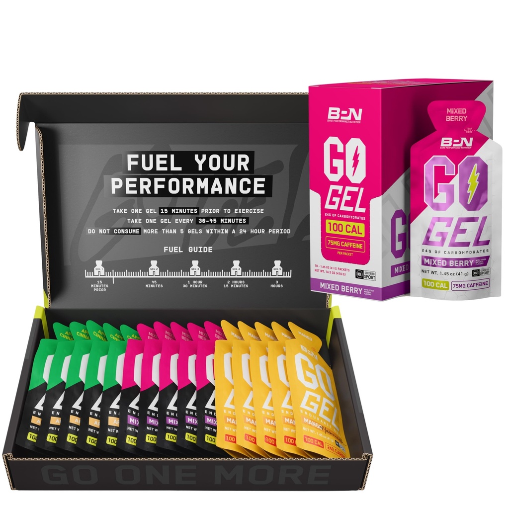 BARE PERFORMANCE NUTRITION BPN Go Gel Endurance – Mixed Berry Caffeinated 10 Single-Serving Packs + Non-Caffeinated Variety 15 Pack (Apple Cinnamon, Mango, Mixed Berry) | 24g Carbs + 100 Calories, Veg
