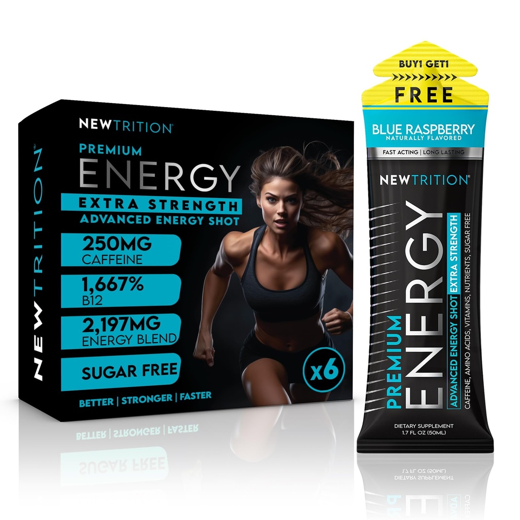 NewTrition® Extra Strength Energy Shots, 1.7 fl oz - 250mg Caffeine with Vitamin B & Amino Acids, Sugar-Free, Zero Calorie Vitamin Energy Drink for Focus & Endurance (Pack of 6, Blue Raspberry)