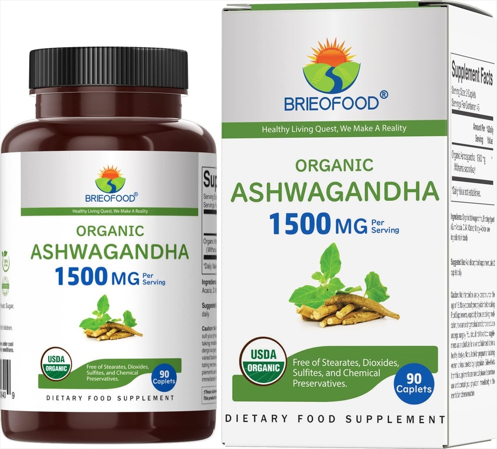 Brieofood Organic Ashwagandha 1500mg, 45 Serve, Vegetariano, Gluten Free, 90 compresse vegetariane