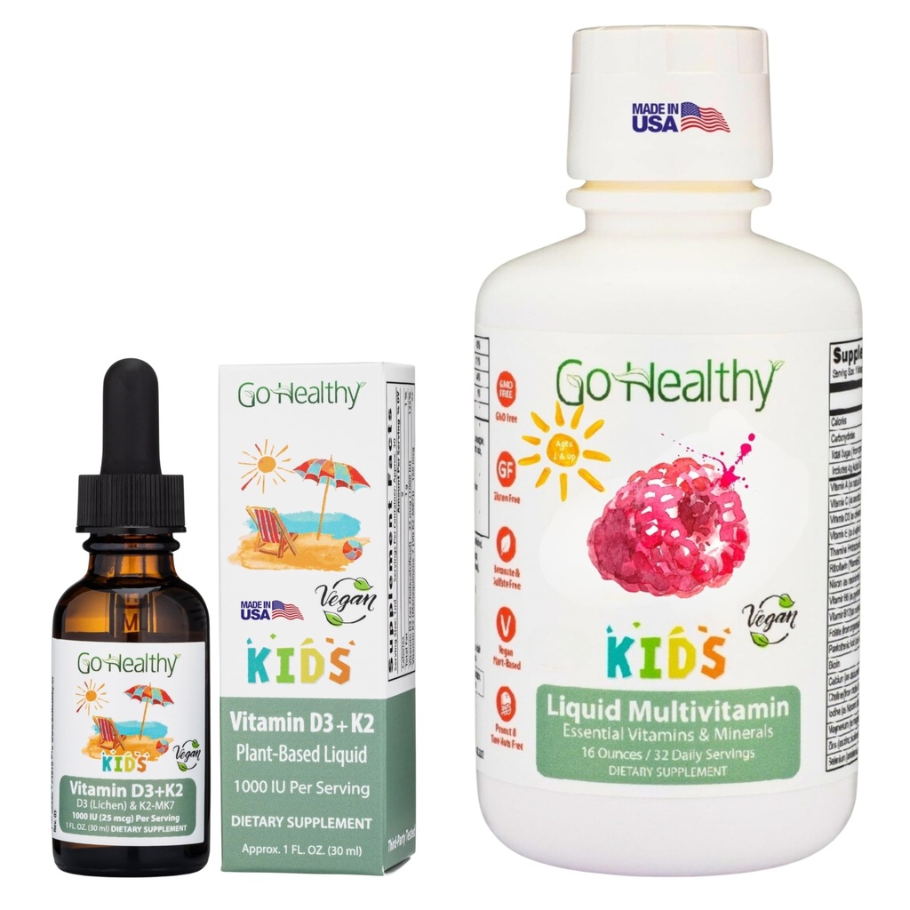 Go Healthy Kids Multivitamin Liquid (1 Bottle Raspberry) and Vitamin D3 K2 Drops (1 Bottle Vanilla) Vegan and Vegetarian, Gluten Free, Non-GMO Bundle