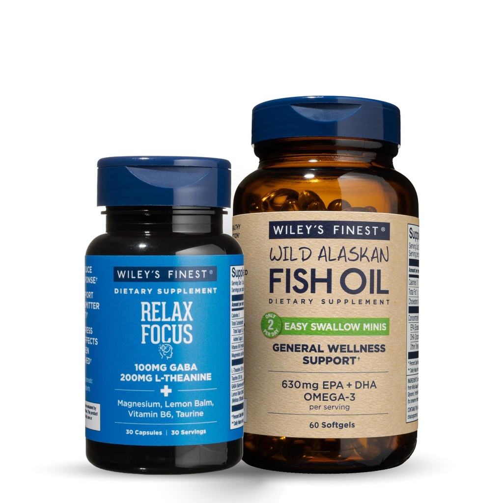 Wiley's Finest Omega-3 & Stress Support Bundle - Easy Swallow Minis + Relax Focus – 30 Servings