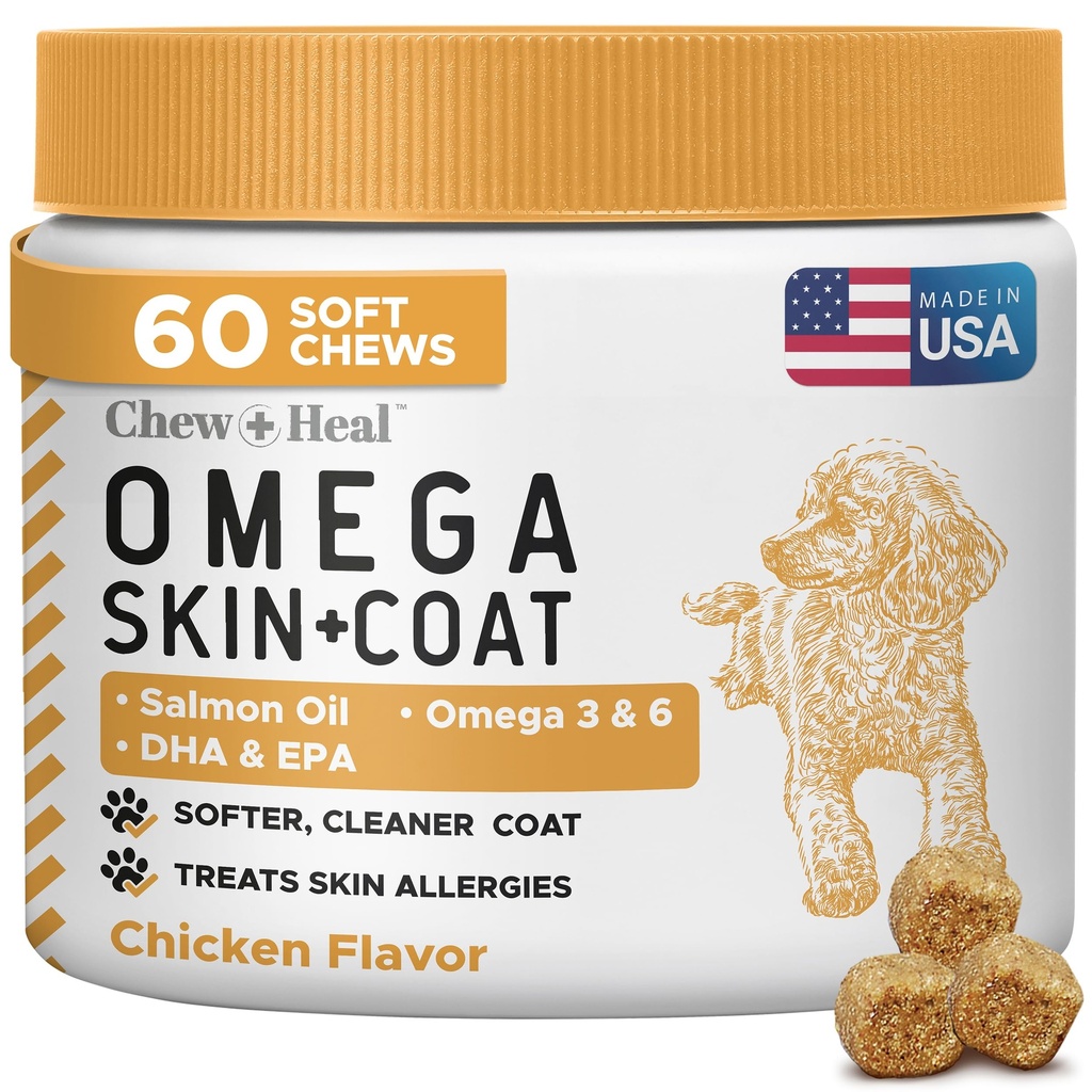 Salmon Oil for Dogs -60 Soft Chew Omega Treats Skin and Coat Supplement for Dogs -Fish Oil Blend of Fatty Acids, Omega 3 and 6, Vitamins, Antioxidants, Minerals -Made in USA