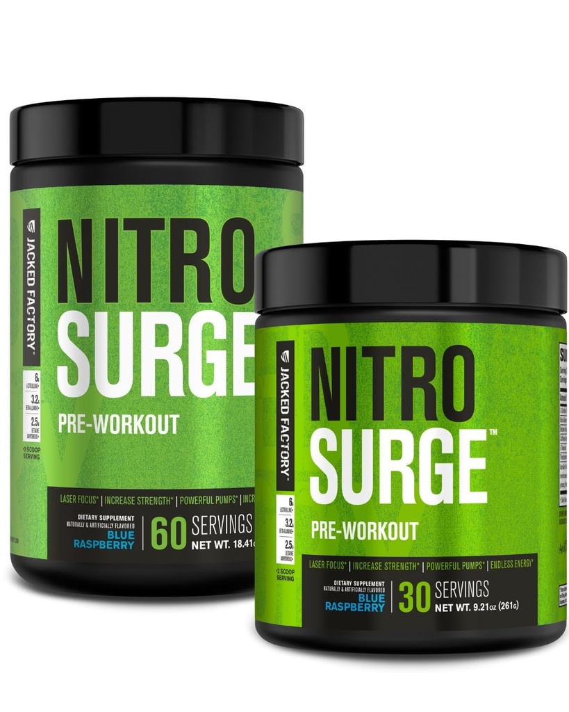 Jacked Factory NITROSURGE Pre Workout Supplement - Energy Booster, Instant Strength Gains, Clear Focus & Intense Pumps - NO Booster & Powerful Preworkout Energy Powder - 90 Servings, Blue Raspberry